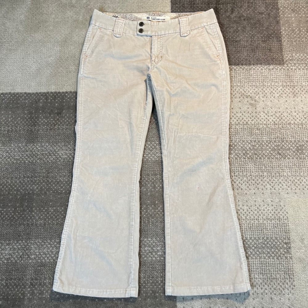 Gap Long and Lean Corduroy Pants Beige Tan Flare Leg Low Rise Womens 10 32X26.5